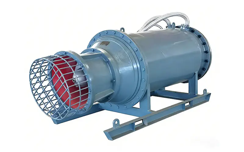 Blue horizontal axial flow pump with suction strainer and mounting base
