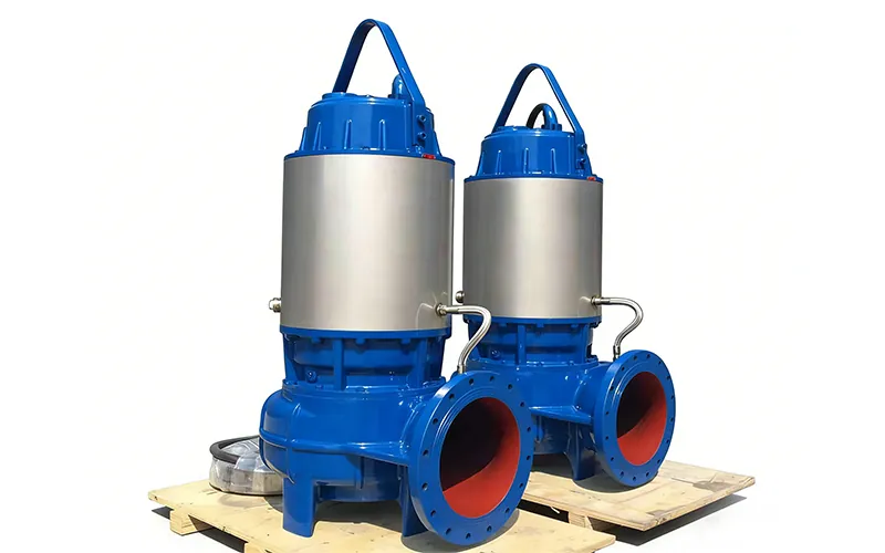 Two submersible sewage pumps with stainless steel outer casing
