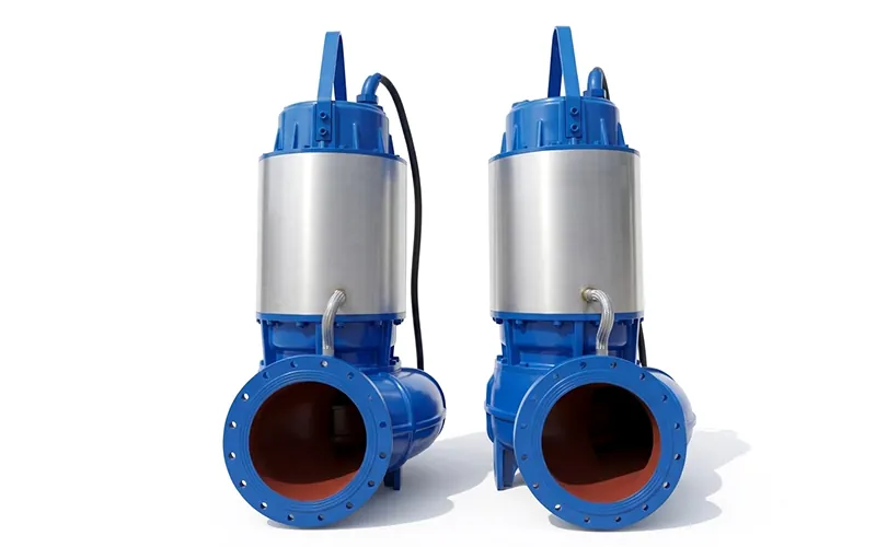 Two stainless steel submersible sewage pumps front view