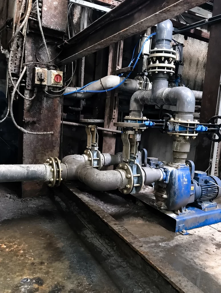 Dry floor-mounted horizontal self-priming pump with industrial valves and piping