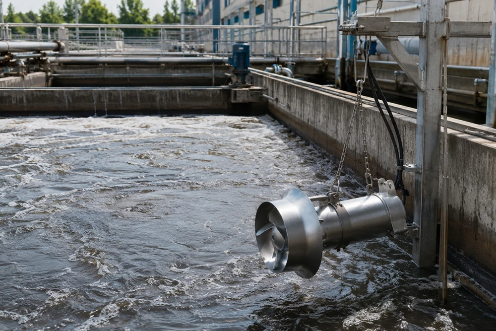 Submersible mixer operating in a municipal wastewater treatment basin to maintain sludge suspension and improve biological treatment efficiency