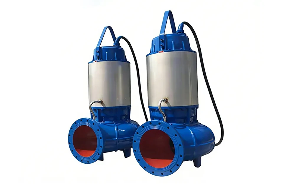 Pair of flanged submersible sewage pumps featuring clog-resistant hydraulics for industrial effluent handling
