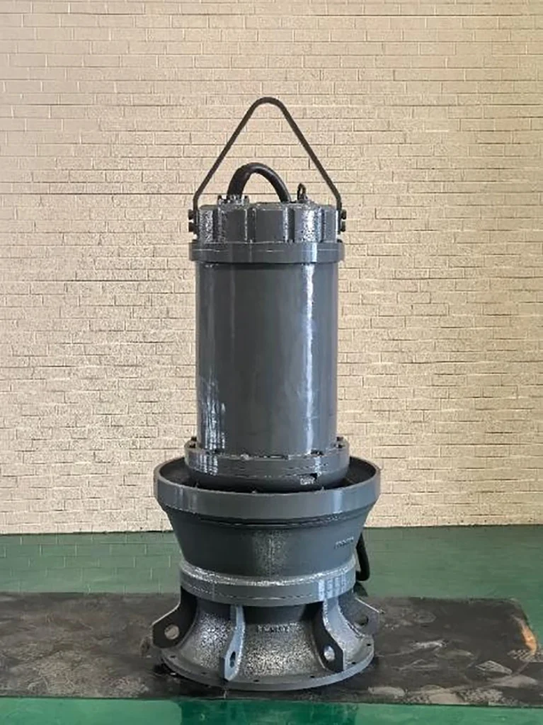 Industrial submersible vertical axial flow pump unit with lifting bail