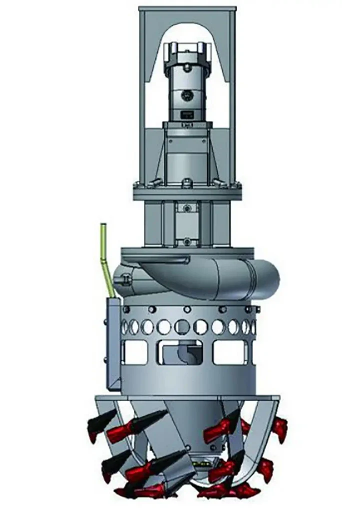 a hydraulically driven cutter suction dredge head with red teeth.
