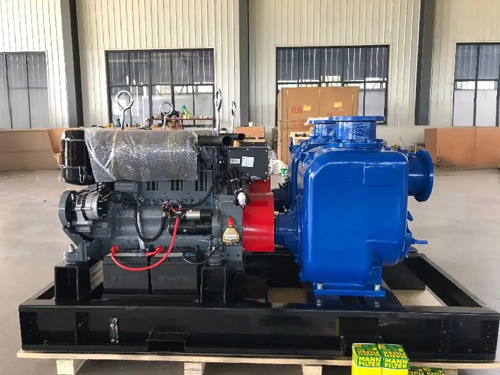 A single diesel-engine driven industrial pump unit, with a grey engine and blue self-priming pump, mounted on a black skid frame in a warehouse, with filter boxes in the foreground.