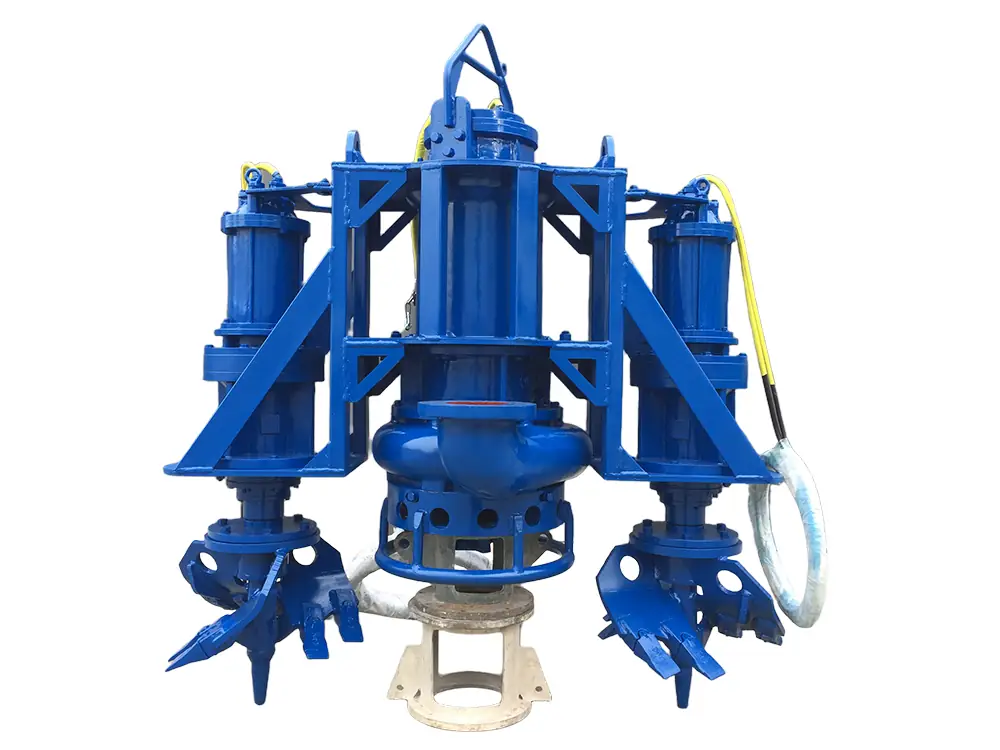 Heavy-duty blue hydraulic submersible dredge pump with dual side cutters for slurry handling, isolated on black.