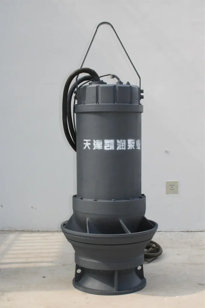 Heavy-duty submersible pump with a cylindrical motor housing, lifting handle, power cables, and large impeller housing.