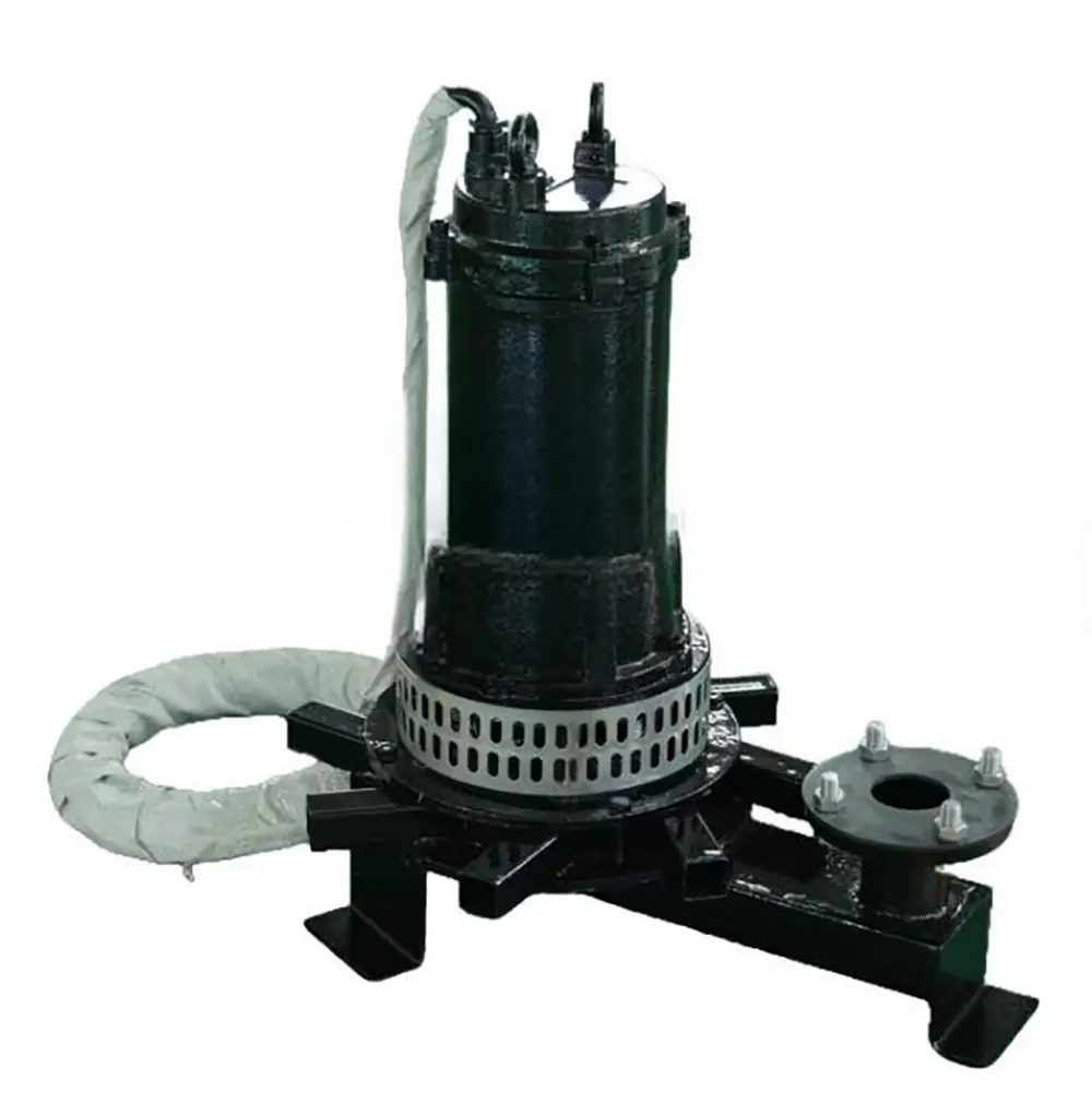 industrial black submersible pump unit with a metal frame stand, a central strainer basket, a side flanged outlet, and a bundle of coiled white power cable on a white background